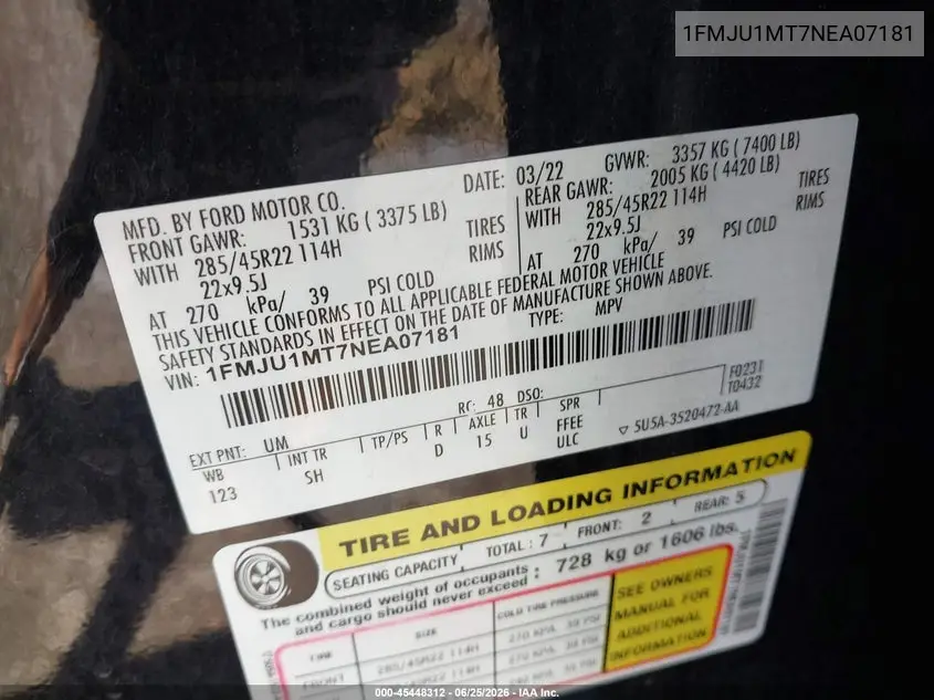 2022 Ford Expedition Platinum VIN: 1FMJU1MT7NEA07181 Lot: 45448312