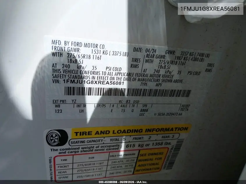 2024 Ford Expedition Xl VIN: 1FMJU1G8XREA56081 Lot: 45350395