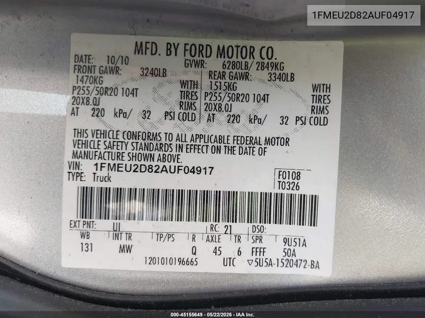 2010 Ford Explorer Sport Trac Limited VIN: 1FMEU2D82AUF04917 Lot: 45155649