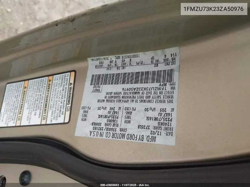 1FMZU73K23ZA50976 2003 Ford Explorer Nbx/Xlt
