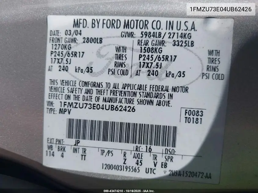 1FMZU73E04UB62426 2004 Ford Explorer Nbx/Xlt