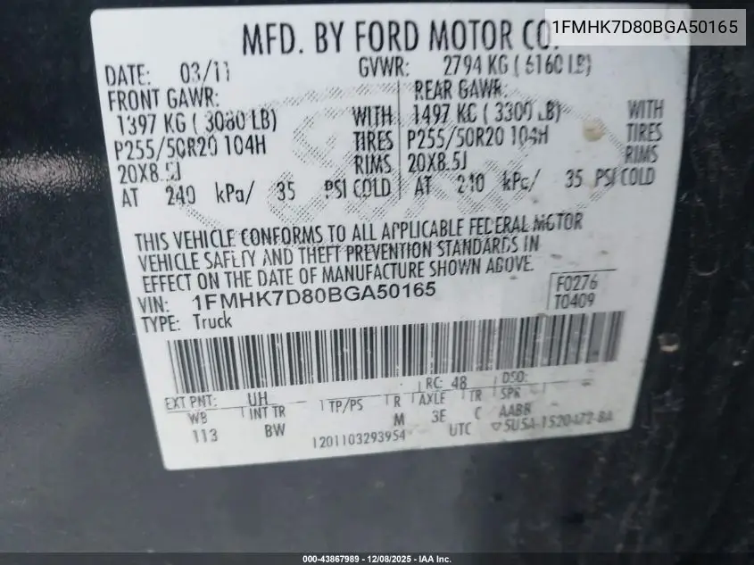 1FMHK7D80BGA50165 2011 Ford Explorer Xlt