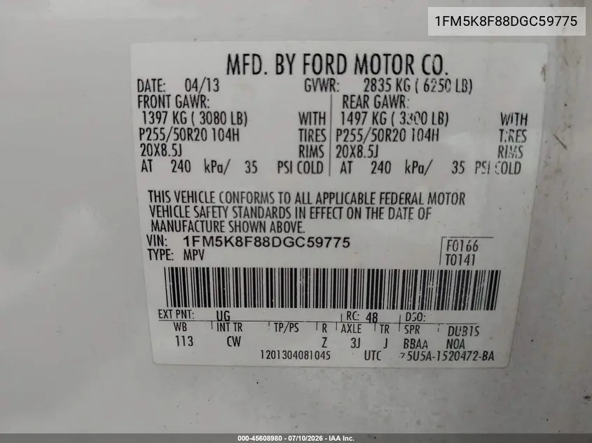 2013 Ford Explorer Limited VIN: 1FM5K8F88DGC59775 Lot: 45608980