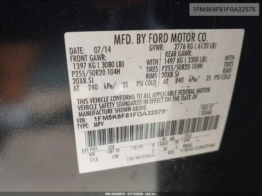 2015 Ford Explorer Limited VIN: 1FM5K8F81FGA32575 Lot: 45628970