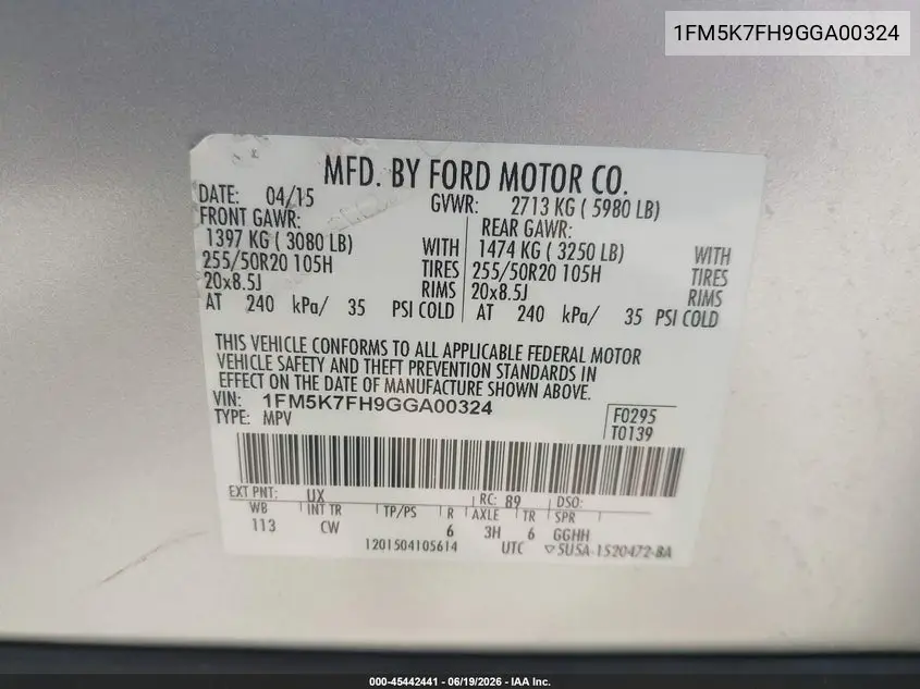 2016 Ford Explorer Limited VIN: 1FM5K7FH9GGA00324 Lot: 45442441