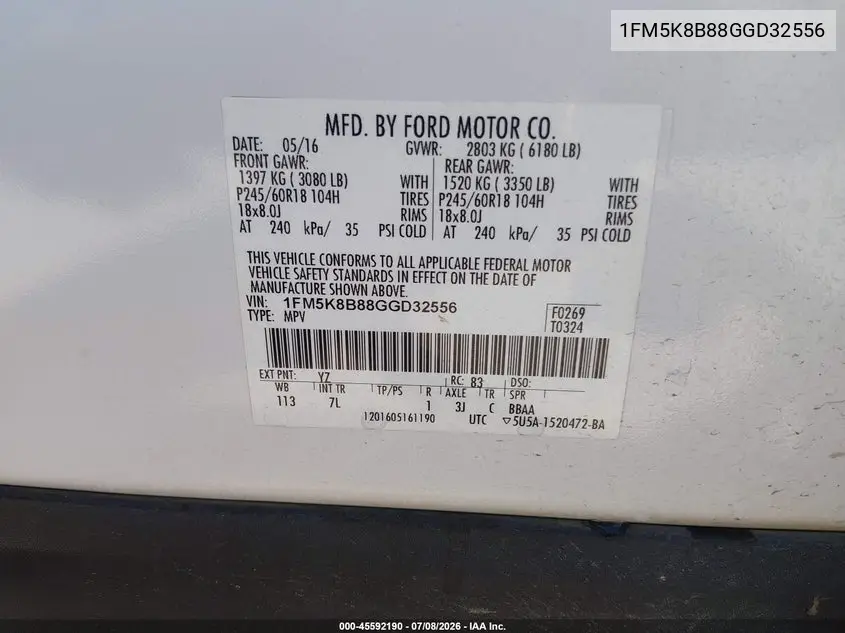 2016 Ford Explorer VIN: 1FM5K8B88GGD32556 Lot: 45592190