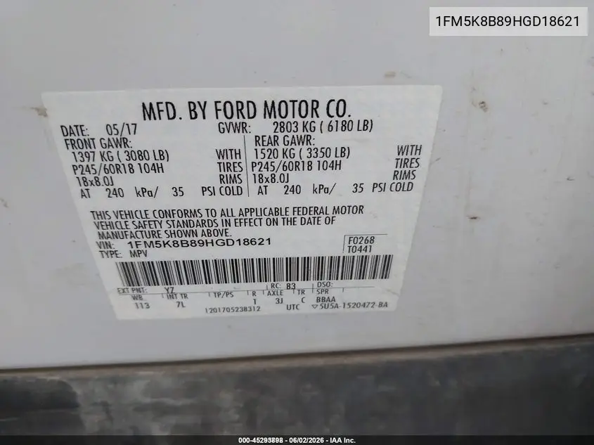 2017 Ford Explorer VIN: 1FM5K8B89HGD18621 Lot: 45293898