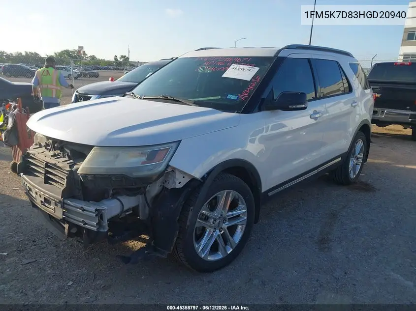 2017 Ford Explorer Xlt VIN: 1FM5K7D83HGD20940 Lot: 45358797