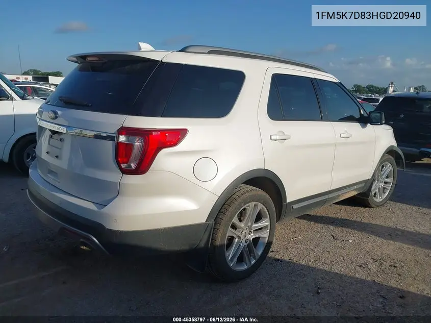 2017 Ford Explorer Xlt VIN: 1FM5K7D83HGD20940 Lot: 45358797