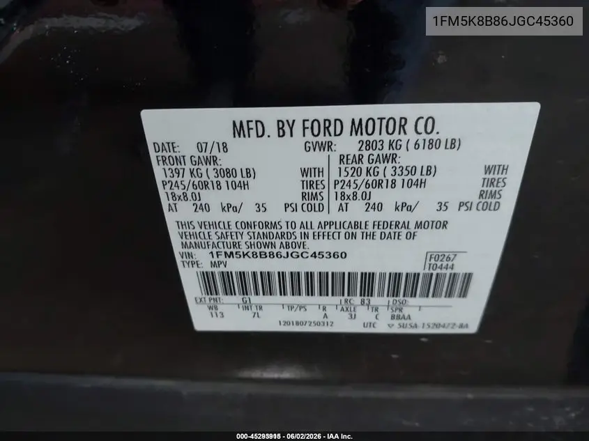 2018 Ford Explorer VIN: 1FM5K8B86JGC45360 Lot: 45293915