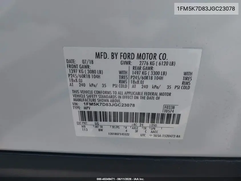 2018 Ford Explorer Xlt VIN: 1FM5K7D83JGC23078 Lot: 45349471