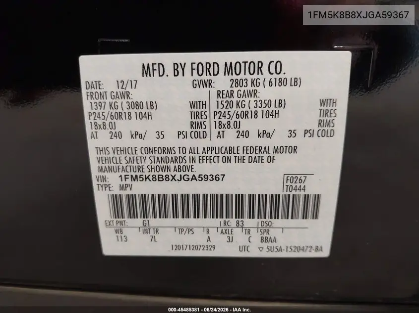2018 Ford Explorer VIN: 1FM5K8B8XJGA59367 Lot: 45485381