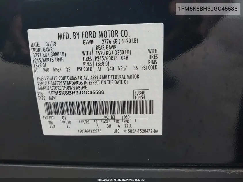 2018 Ford Explorer VIN: 1FM5K8BH3JGC45588 Lot: 45525989