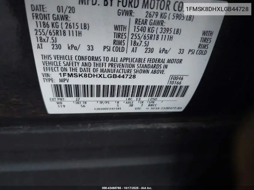 1FMSK8DHXLGB44728 2020 Ford Explorer Xlt