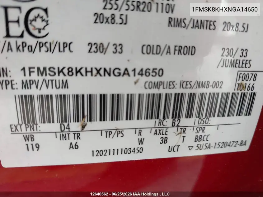 2022 Ford Explorer VIN: 1FMSK8KHXNGA14650 Lot: 12640562