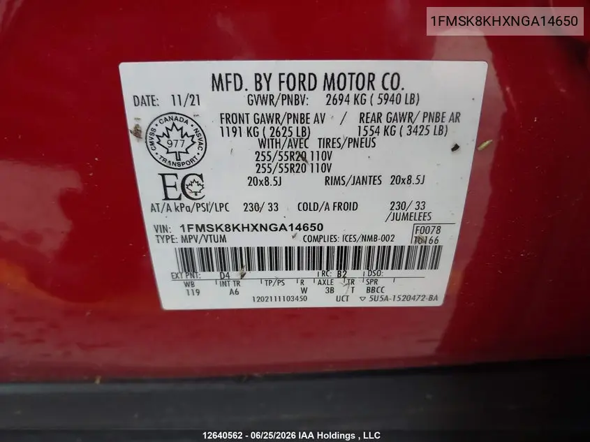 2022 Ford Explorer VIN: 1FMSK8KHXNGA14650 Lot: 12640562