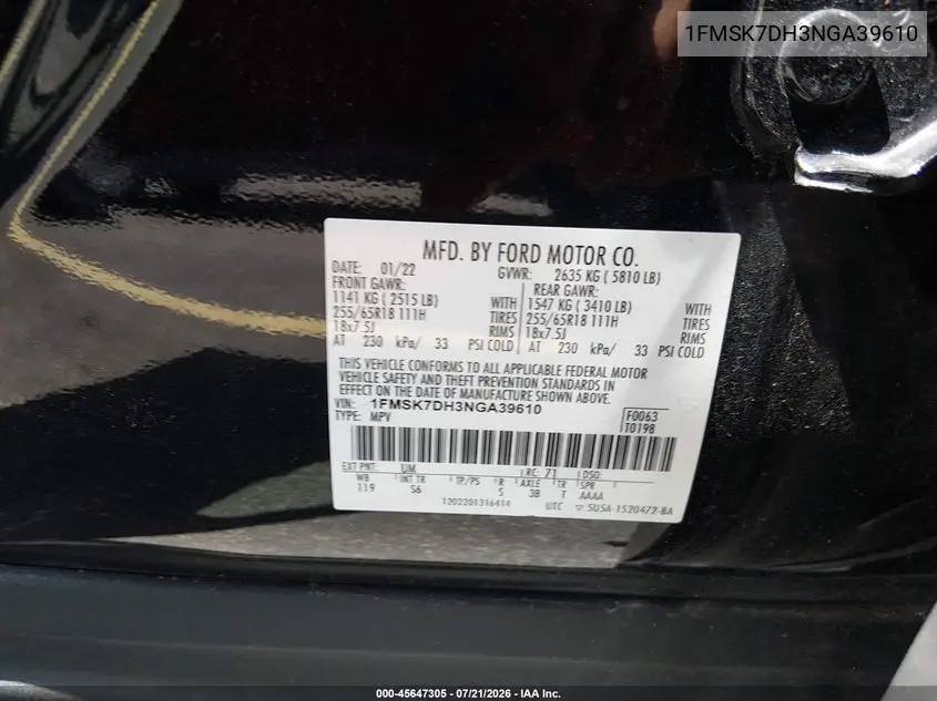 2022 Ford Explorer Xlt VIN: 1FMSK7DH3NGA39610 Lot: 45647305
