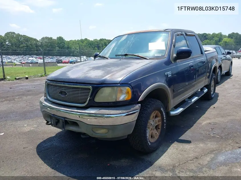 2003 Ford F-150 Lariat/Xlt VIN: 1FTRW08L03KD15748 Lot: 45550815