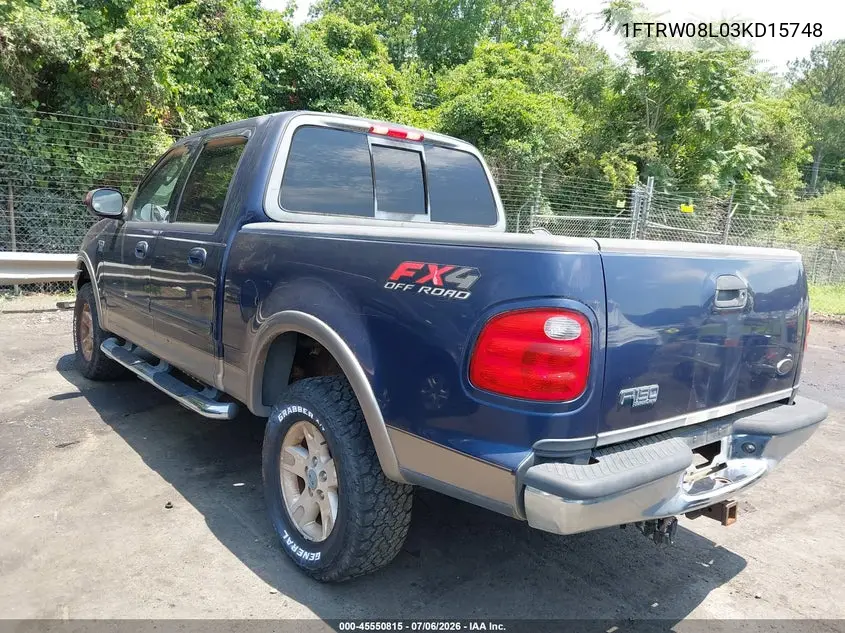2003 Ford F-150 Lariat/Xlt VIN: 1FTRW08L03KD15748 Lot: 45550815