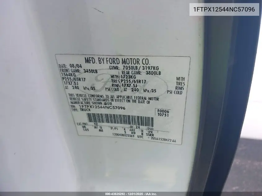 1FTPX12544NC57096 2004 Ford F-150 Lariat/Xl/Xlt
