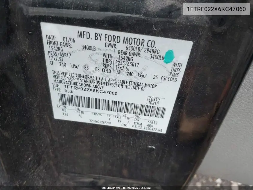1FTRF022X6KC47060 2006 Ford F-150 Stx/Xlt
