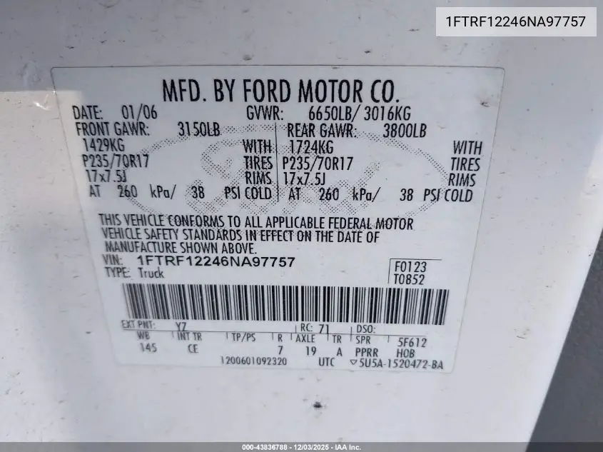 1FTRF12246NA97757 2006 Ford F-150 Stx/Xl/Xlt
