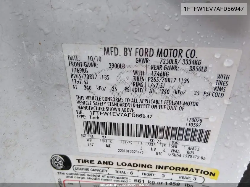 2010 Ford F-150 Fx4/Harley-Davidson/King Ranch/Lariat/Platinum/Xl/Xlt VIN: 1FTFW1EV7AFD56947 Lot: 45338856