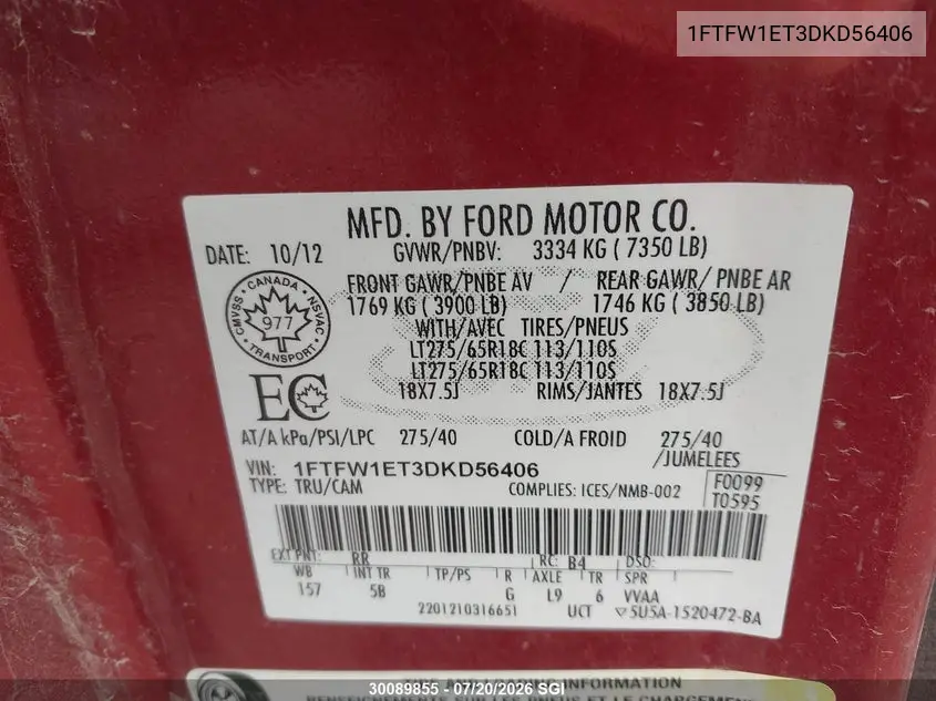 2013 Ford F-150 Fx4 VIN: 1FTFW1ET3DKD56406 Lot: 30089855