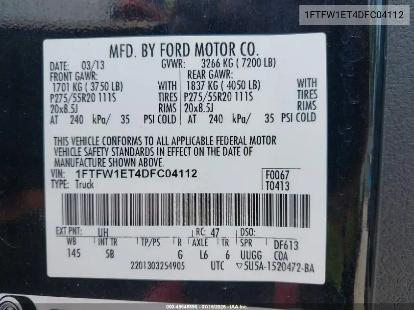 2013 Ford F-150 Fx4 VIN: 1FTFW1ET4DFC04112 Lot: 45649590
