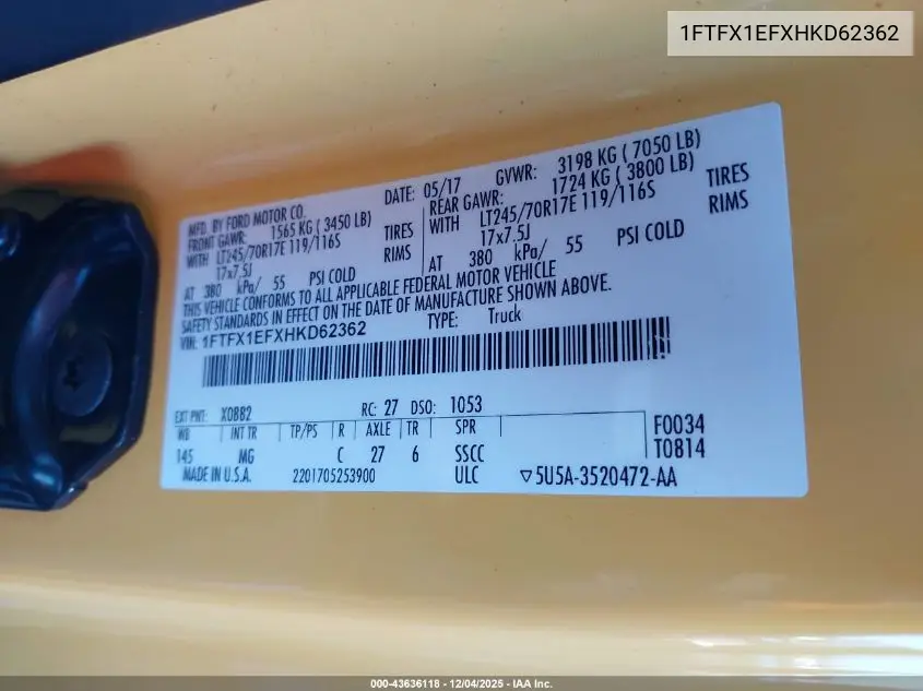 1FTFX1EFXHKD62362 2017 Ford F-150 Xlt