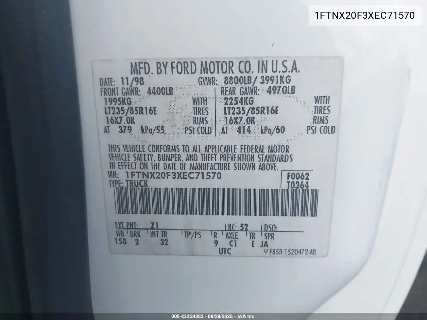 1FTNX20F3XEC71570 1999 Ford F-250 Lariat/Xl/Xlt