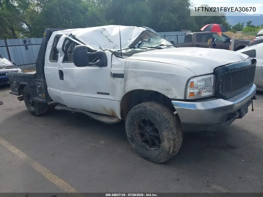 2000 Ford F-250 Lariat/Xl/Xlt VIN: 1FTNX21F8YEA30670 Lot: 45637135
