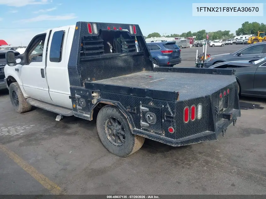 2000 Ford F-250 Lariat/Xl/Xlt VIN: 1FTNX21F8YEA30670 Lot: 45637135