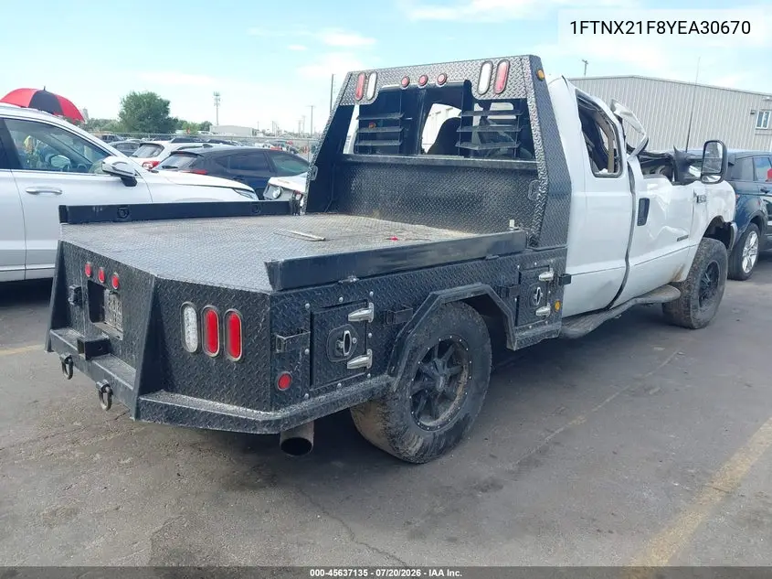 2000 Ford F-250 Lariat/Xl/Xlt VIN: 1FTNX21F8YEA30670 Lot: 45637135