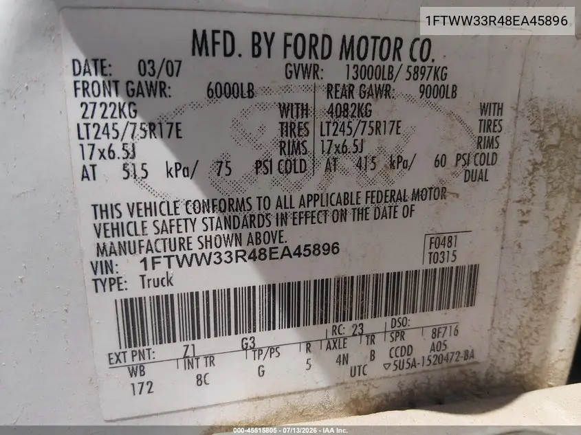 2008 Ford Super Duty F-350 Drw Fx4/King Ranch/Lariat/Xl/Xlt VIN: 1FTWW33R48EA45896 Lot: 45515805