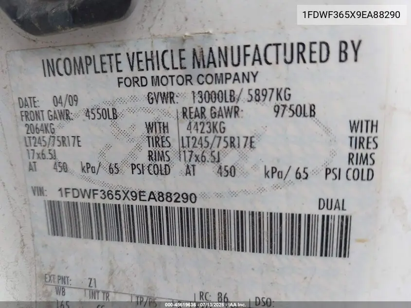 2009 Ford F-350 Chassis Xl/Xlt VIN: 1FDWF365X9EA88290 Lot: 45619636