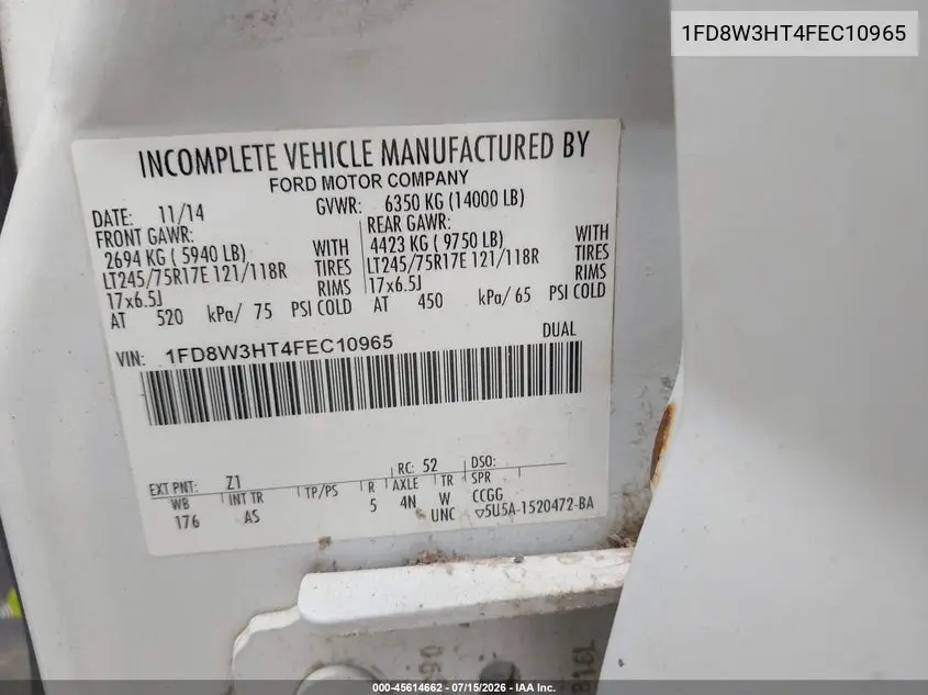 2015 Ford F-350 Chassis Xl VIN: 1FD8W3HT4FEC10965 Lot: 45614662