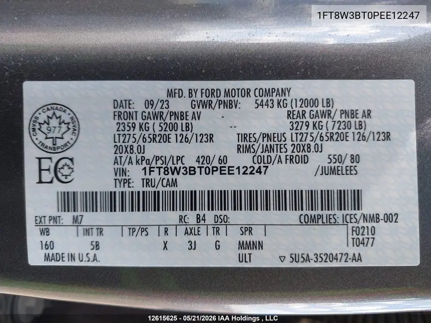 2023 Ford F350 VIN: 1FT8W3BT0PEE12247 Lot: 12615625x