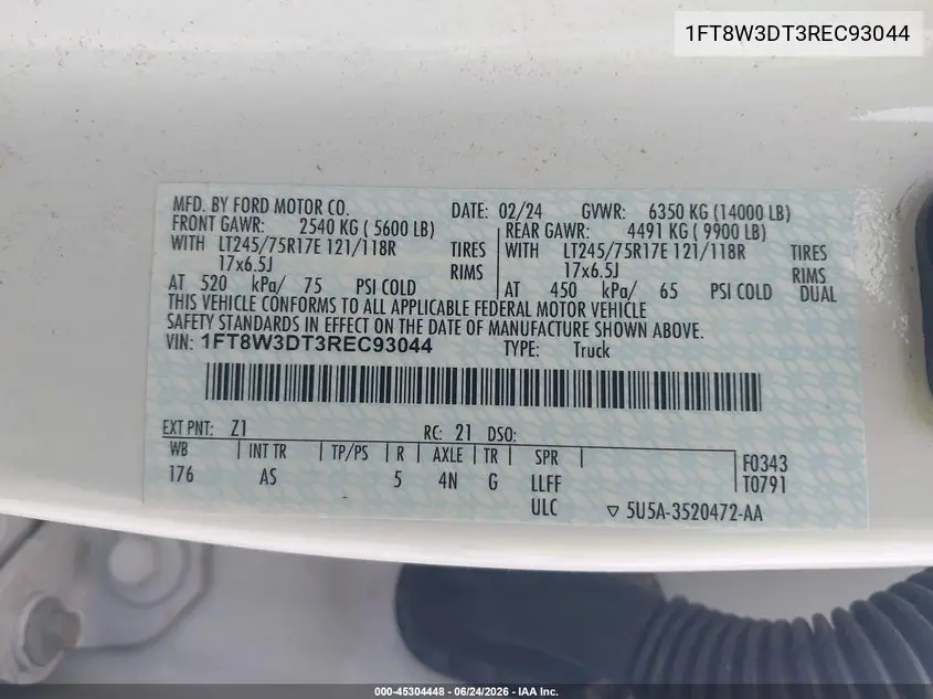 2024 Ford F-350 Xl VIN: 1FT8W3DT3REC93044 Lot: 45304448