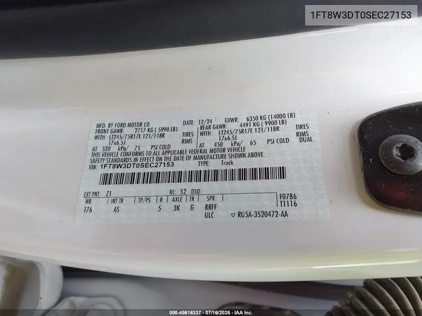 2025 Ford F-350 Xl VIN: 1FT8W3DT0SEC27153 Lot: 45616337