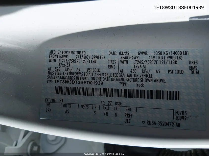 2025 Ford F-350 Xl VIN: 1FT8W3DT3SED01939 Lot: 45641541