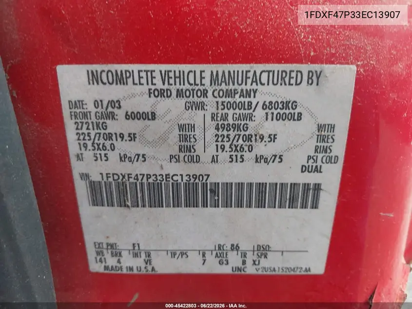 2003 Ford F-450 Xl/Xlt VIN: 1FDXF47P33EC13907 Lot: 45422803