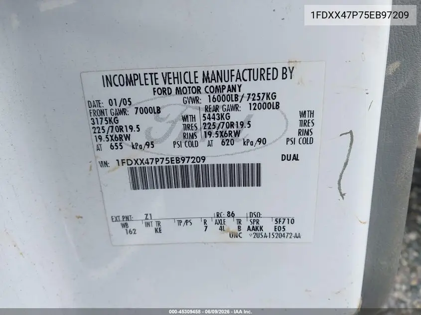 2005 Ford F-450 Lariat/Xl/Xlt VIN: 1FDXX47P75EB97209 Lot: 45309458