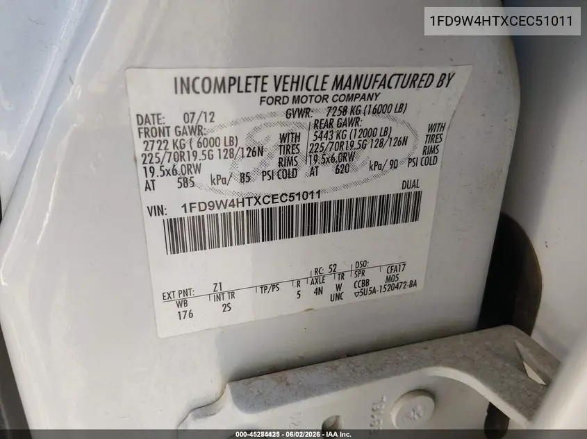 2012 Ford F-450 Chassis Xl VIN: 1FD9W4HTXCEC51011 Lot: 45284425