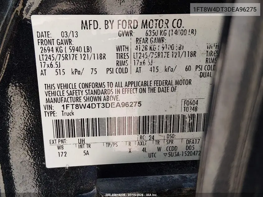 2013 Ford Super Duty F-450 Drw Lariat VIN: 1FT8W4DT3DEA96275 Lot: 45615236