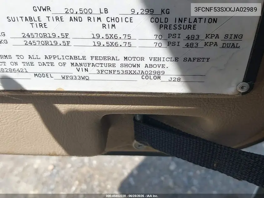1999 Ford F550 Super Duty Stripped Chass VIN: 3FCNF53SXXJA02989 Lot: 45452228
