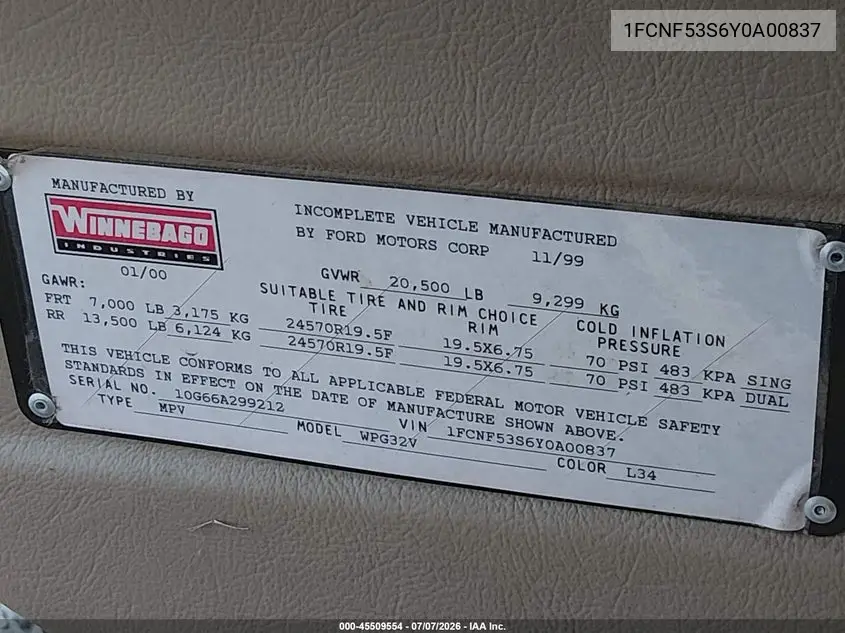 2000 Ford F550 Super Duty Stripped Chass VIN: 1FCNF53S6Y0A00837 Lot: 45509554