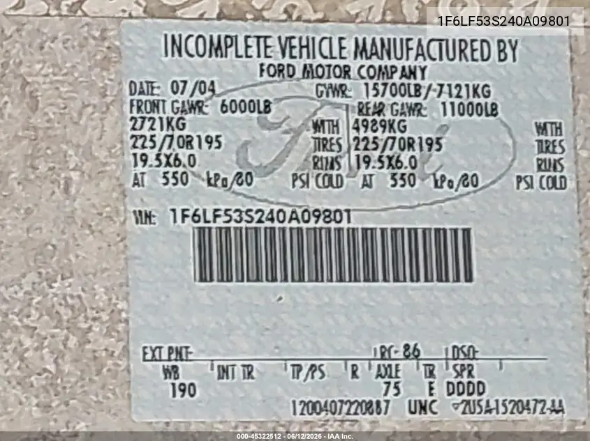 2004 Ford F550 Super Duty Stripped Chass VIN: 1F6LF53S240A09801 Lot: 45322512