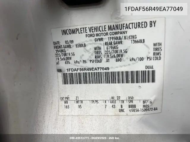 2009 Ford F-550 Chassis Xl/Xlt VIN: 1FDAF56R49EA77049 Lot: 45513771