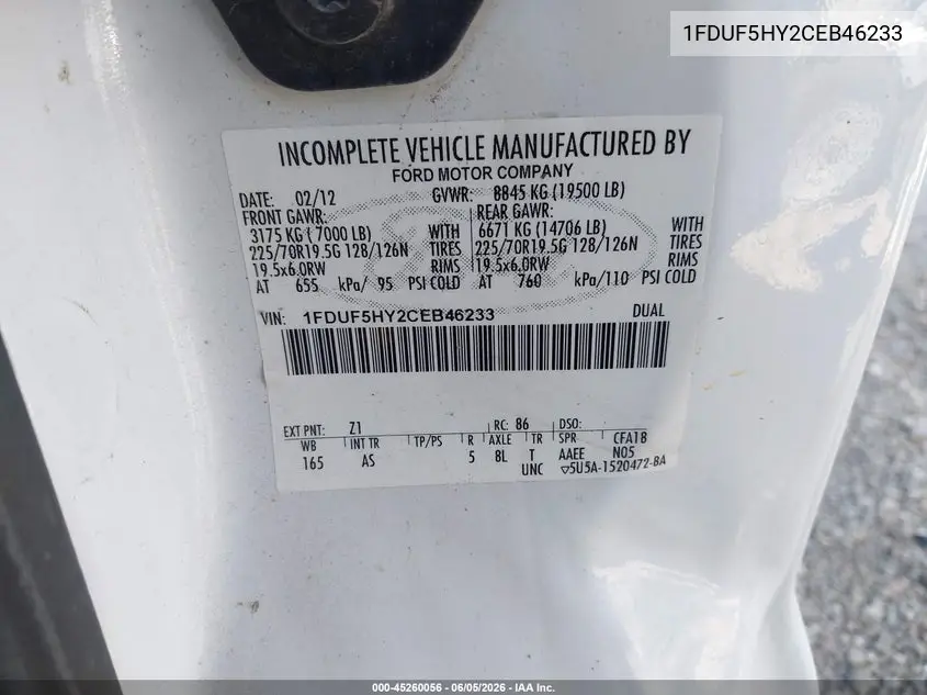 2012 Ford F-550 Chassis Xl VIN: 1FDUF5HY2CEB46233 Lot: 45260056